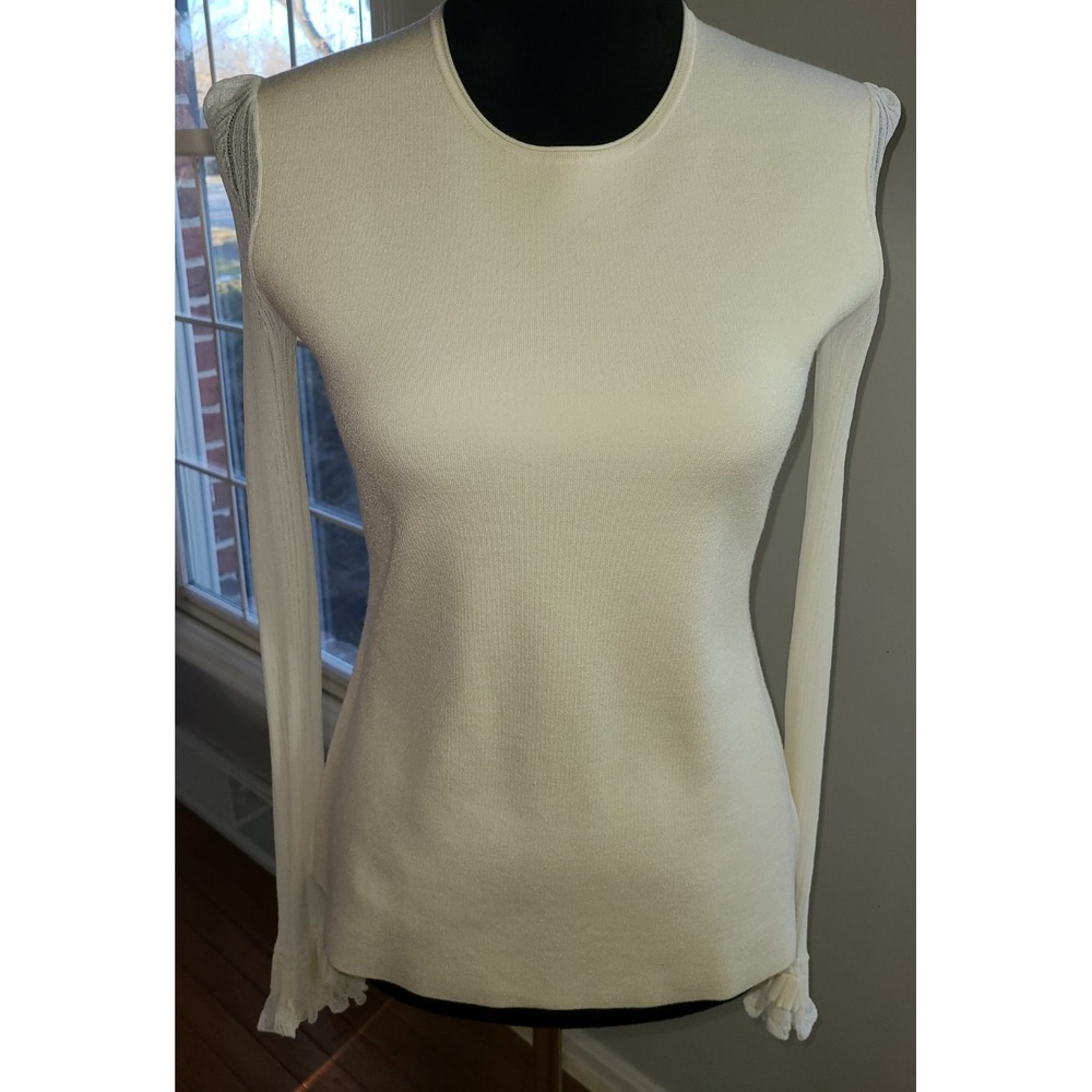 Theory Tunic Sweater Cream Long Shear Ruffle Cuff Sleeve Knit Pullover Size S‎